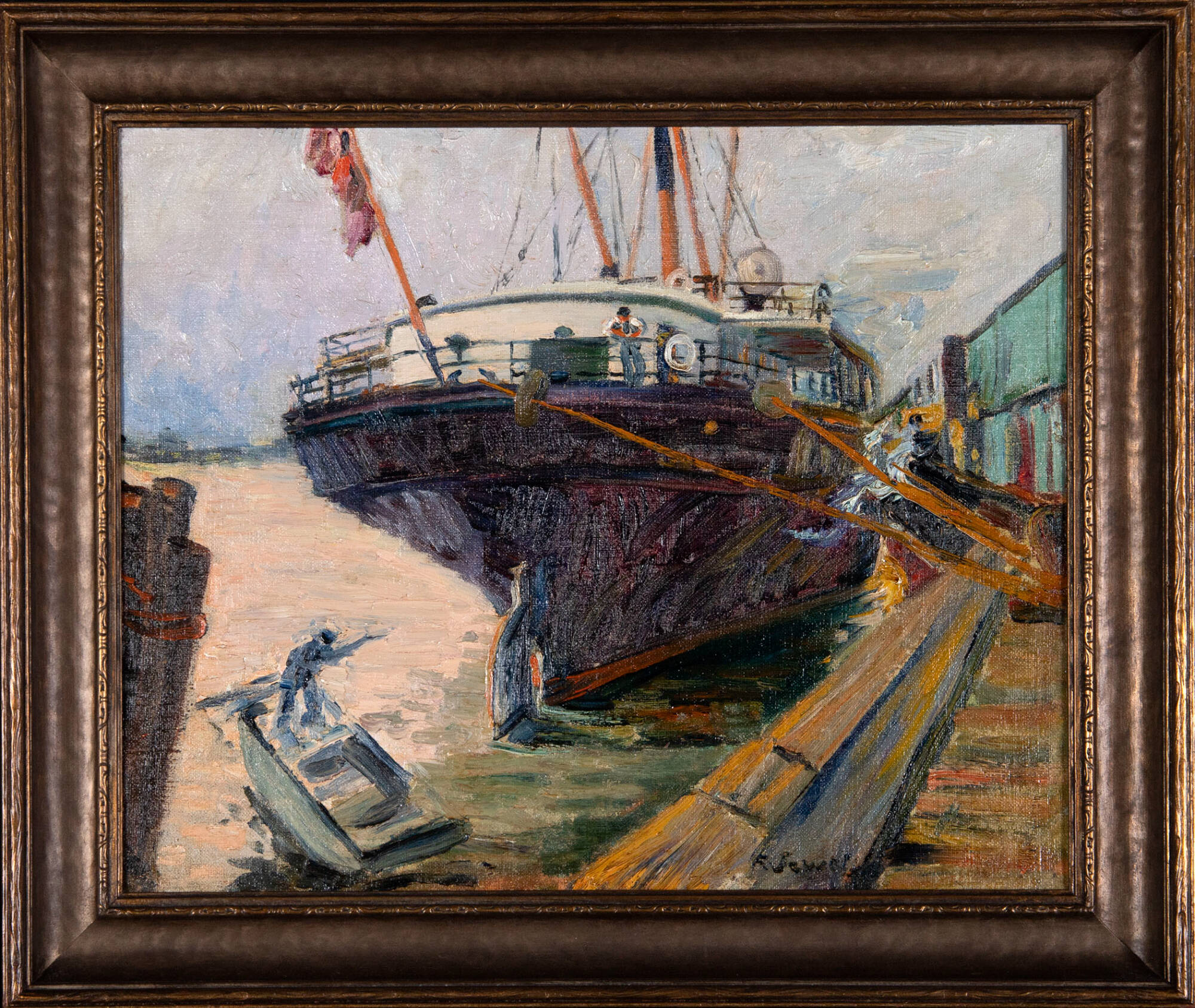 Painting of the front of a large ship tied to a dock along the right side of the image.